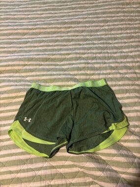 Under Armour Women's  Green Athletic Shorts with Neon Lime Trim